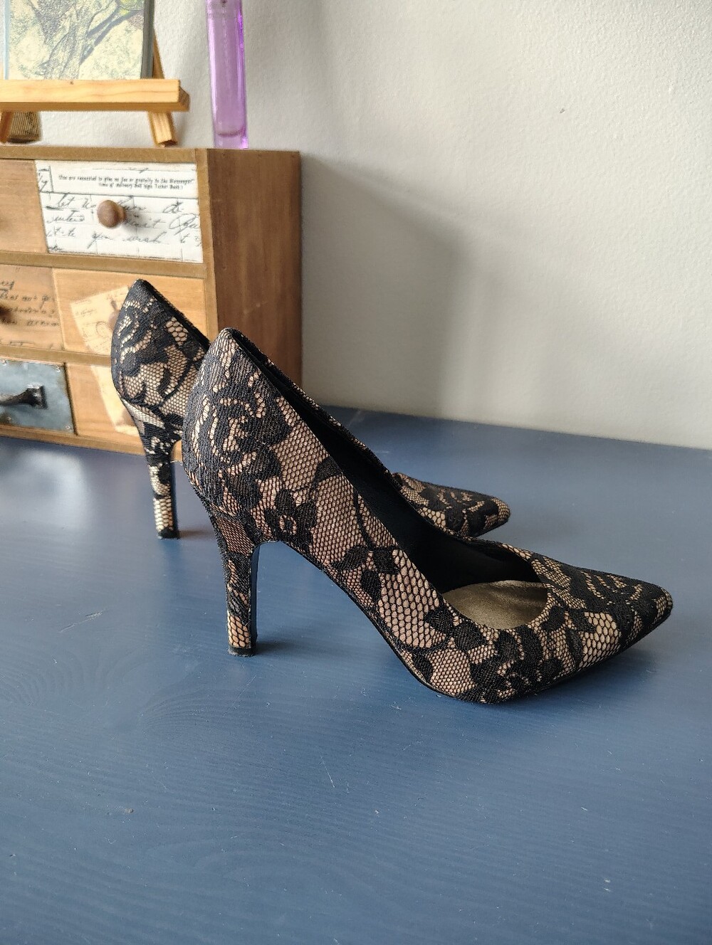 Nine West Black Lace over Beige pumps